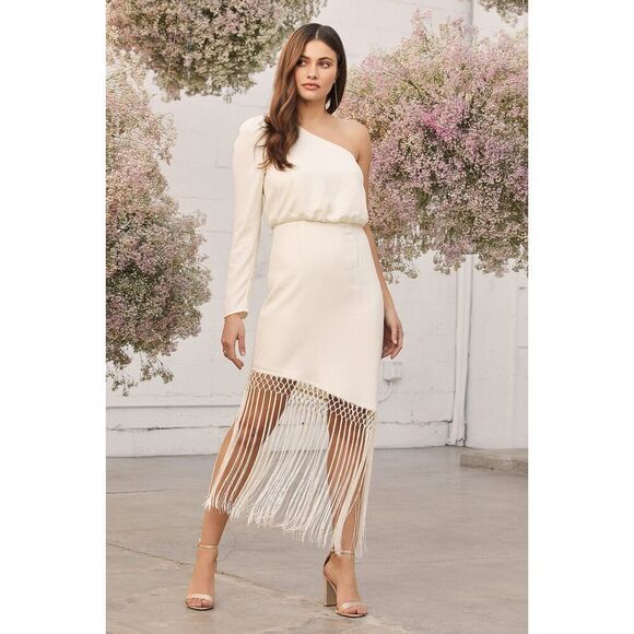 Lulus Dresses & Skirts - Lulus Love at Dusk Cream One-Shoulder Asymmetrical Fringe Midi Dress Size Small